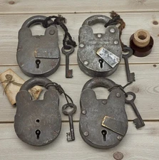 Lot of 4 Antique Iron Pad Locks Original Old Hand Crafted Working With Keys