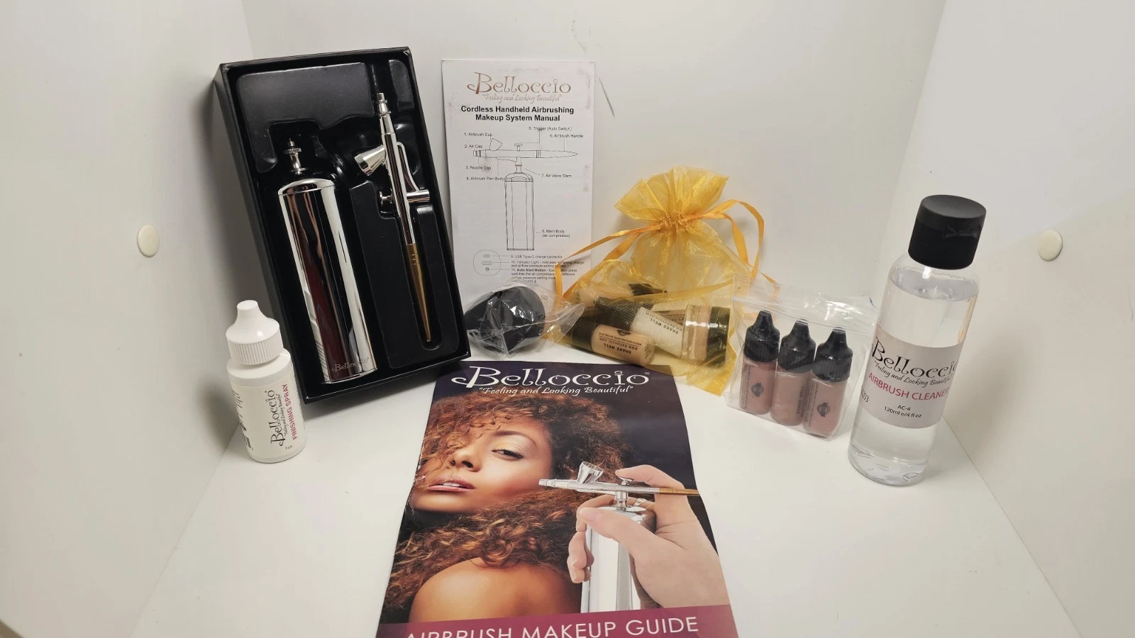 Belloccio Cordless Handheld Airbrush Makeup System 4 Fair 18pc Unused, open box