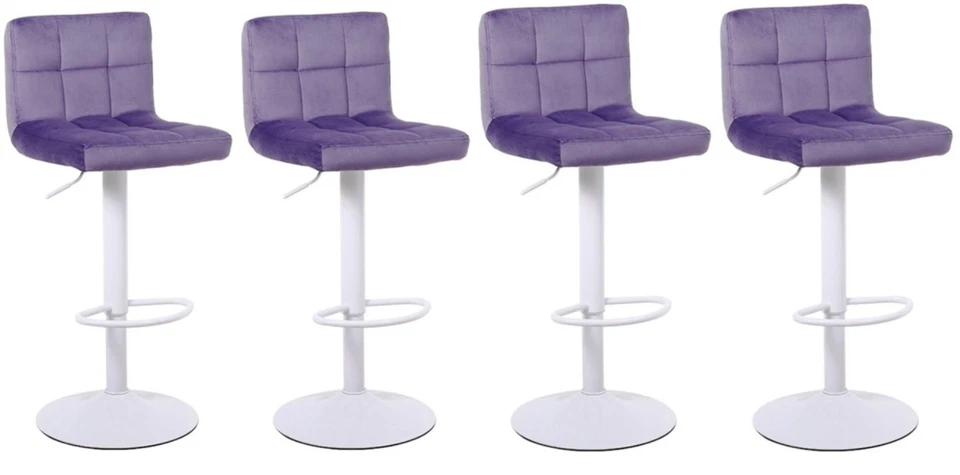 SET OF 4 Purple Velvet Bar Stools Breakfast Swivel Barstools, WHITE Metalwork