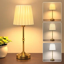 Portables Cordless Table Lamp, 3 Color Light Fabric Shade Vintage Gold Desk Lamp