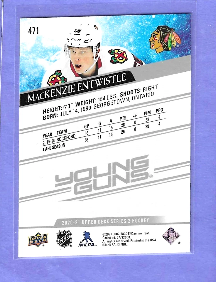 2020-21 UPPER DECK #471 MacKenzie Entwistle YOUNG GUNS ROOKIE Mint+ - Image 2 of 2