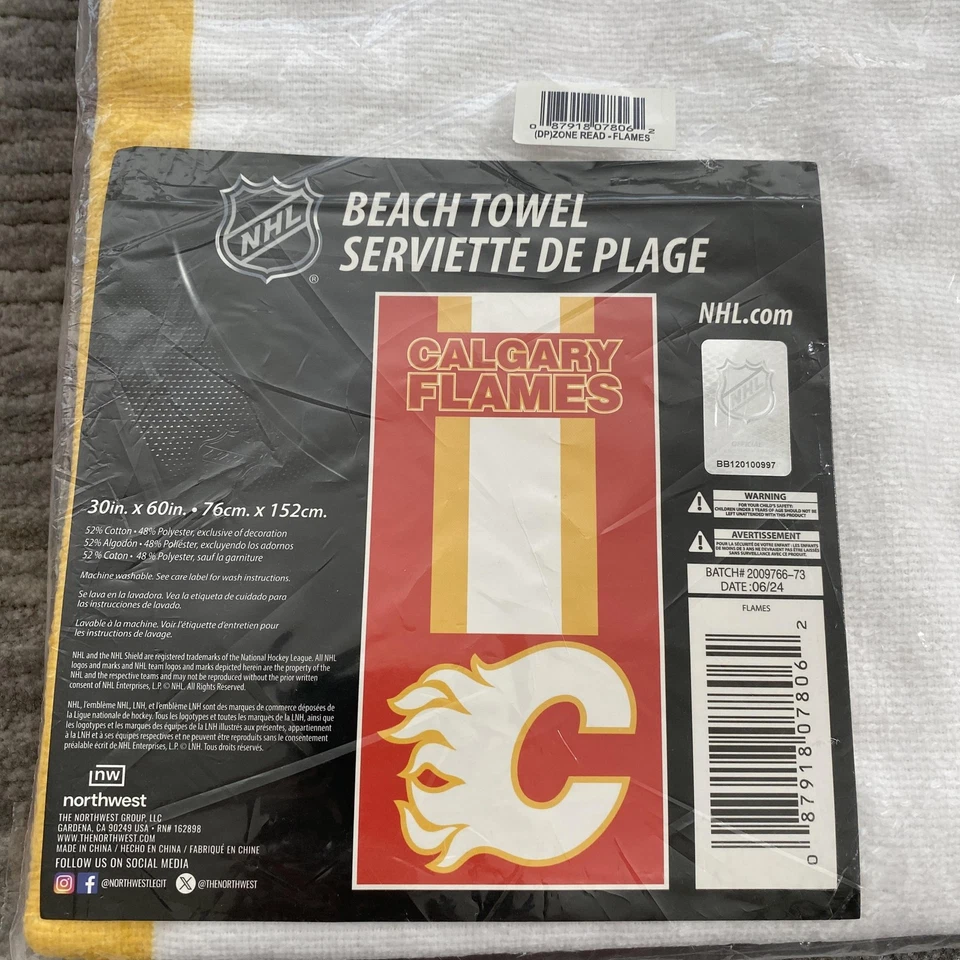 Toalha de praia Calgary Flames 30x60 vermelha amarela NHL hóquei noroeste nova oficial - Imagem 2 de 3