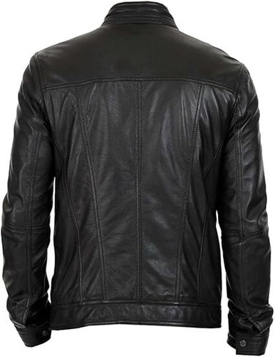 Men's New Black Genuine Lambskin Leather Motorcycle Jacket - Picture 2 of 2