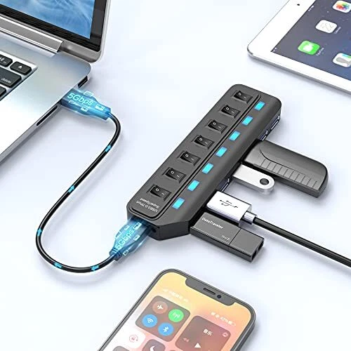 7-Port USB 3.0 Hub with Individual LED On/Off Switches for Multiple Devices