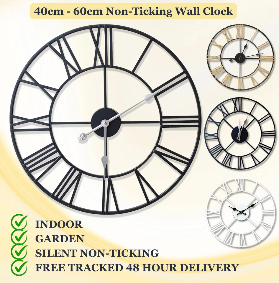 Large Wall Clock Indoor Outdoor Silent Roman Numerals Skeleton Clock Home Garden - Image 2 of 4