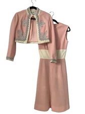 Vintage 1960s Dress Bolero Jacket Set Junior Accent XS Pink Cream Wool Cocktail