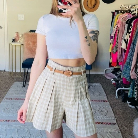 Zara Linen Blend Plaid Shorts Women's L Tan Pleated Preppy Academia Retro 90s - Image 2 of 4