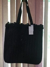 NWT $25 A NEW DAY BLACK PAPER WOVEN STRAW TOTE BAG Double Straps  Flower Trim