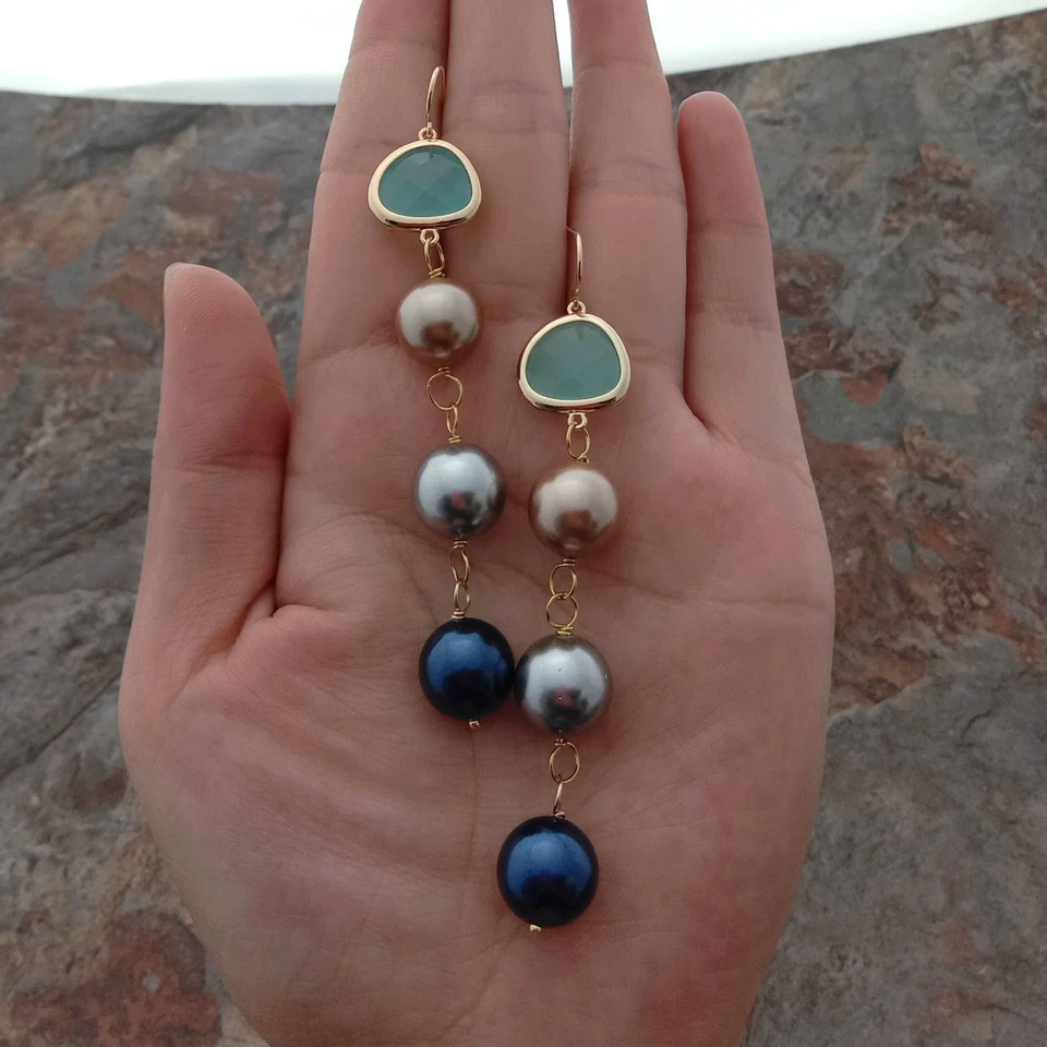 Pendientes de cristal verde perla concha de mar multicolor Foto 3 de 4