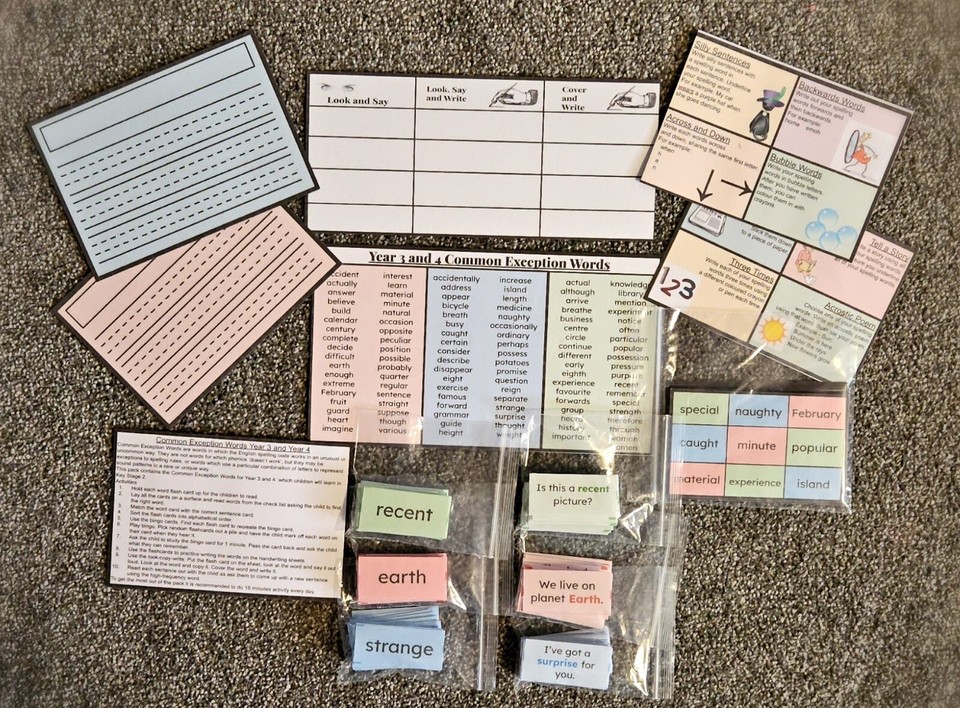 Year 3 and Year 4 Common Exception Words Activity Box Flash Cards