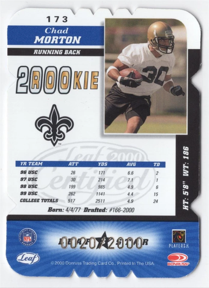 2000 Leaf Certified blue Chad Morton Rookie /2000 New Orleans Saints #173 - Image 2 of 2