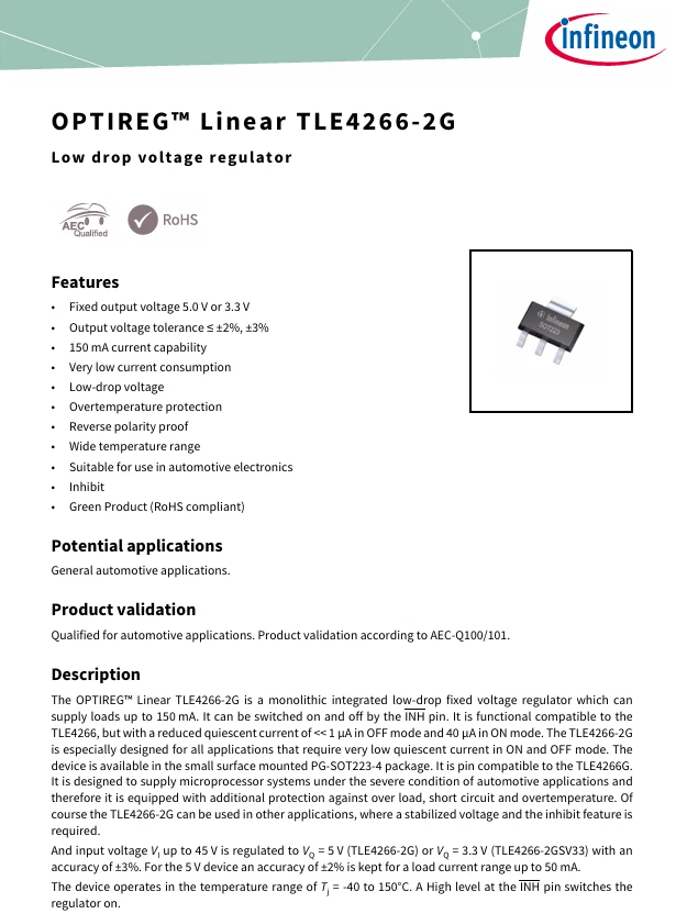 [1x] TLE4266-2G Infineon OPTIREG Regulador de voltaje de baja caída 5V SMD SOT-223-4 Foto 4 de 4