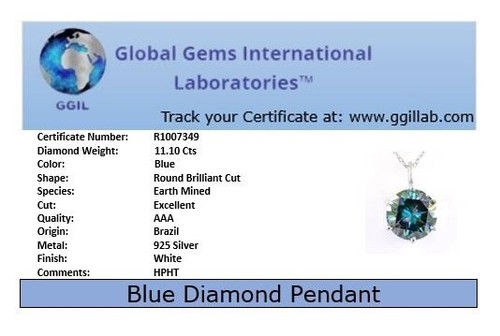RARE 11.10 Ct Certified Blue Diamond Solitaire Pendant-FREE Diamond Studs ! - Picture 10 of 10