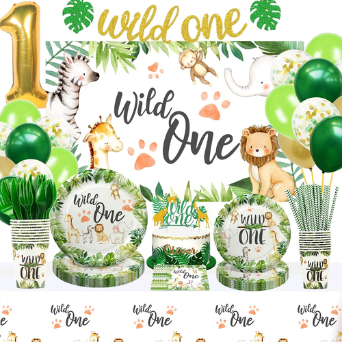 Wild One Birthday Decorations - Jungle Theme Party Supplies Tableware Includes P