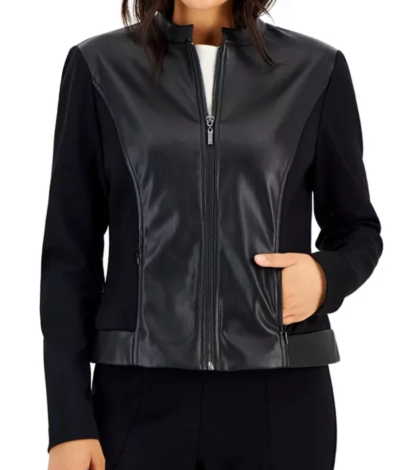 NWT AK Anne Klein Petite Mandarin-Collar Zip-Up Jacket Faux Leather Panels, PS - Image 3 of 4
