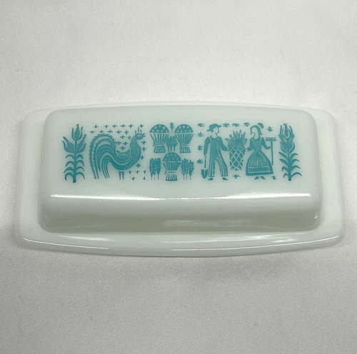 Vintage Pyrex Turquoise Butter Print Amish Covered Butter Dish - MINT