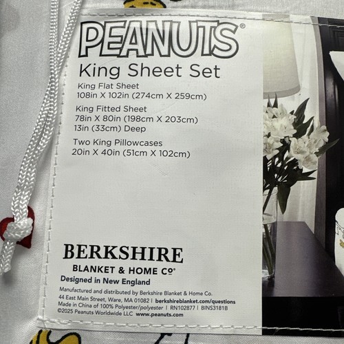 Berkshire Peanuts Snoopy & Hearts 4 piezas & Bag NUEVO Hojas blancas KING Woodstock - Imagen 3 de 4