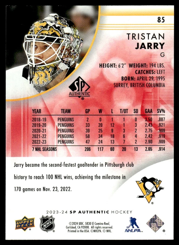 2023-24 SP Authentic Limited Red Tristan Jarry Auto Pittsburgh Penguins #85 - Image 2 of 2