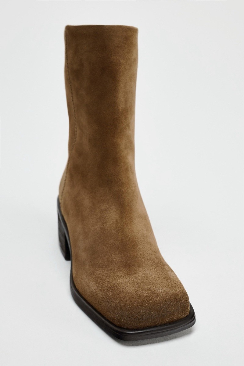 ZARA Women Square Toe Topstitched Split Suede Ankle Boots