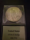 ​1934-S Peace Silver Dollar - Key Date - San Francisco Mint - Abt VG Condition