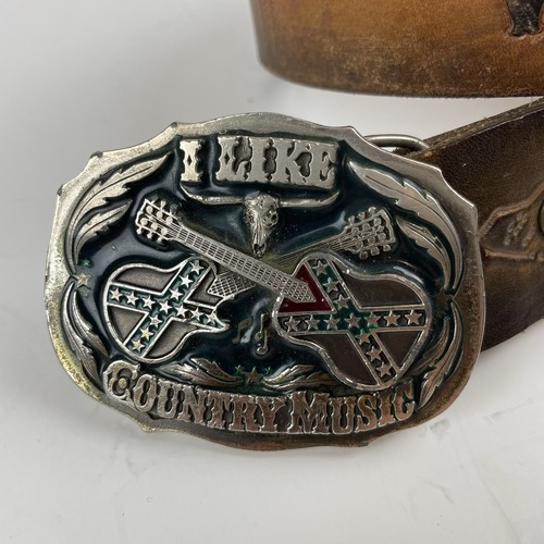 Vintage handbesetzter Bär Elch Ledergürtel I LIKE COUNTRY MUSIC Schnalle Monogramm WILL - Bild 2 von 14