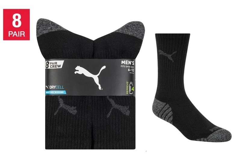 Puma Men 8-Pair Crew Socks 6-12 Sports Outdoor Cushioned Comfort Odor Control