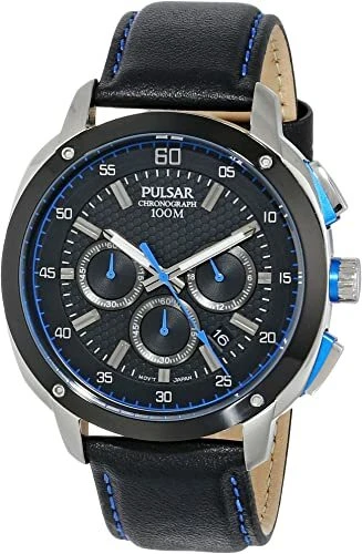 Pulsar men's chronograph watch with blue leather clearance strap