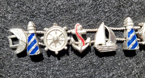 Lighthouse Captain Sailing Themed Silver Tone Charm Slide Bracelet 1980s 7" - Picture 6 of 10