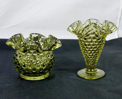 Vtg Fenton Ruffle Edge Hobnail Olive Green Glasses Footed Vase & Votive Holder