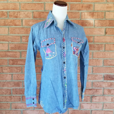Vintage Hand Embroidered Levi Denim Blue Jean 70's Shirt