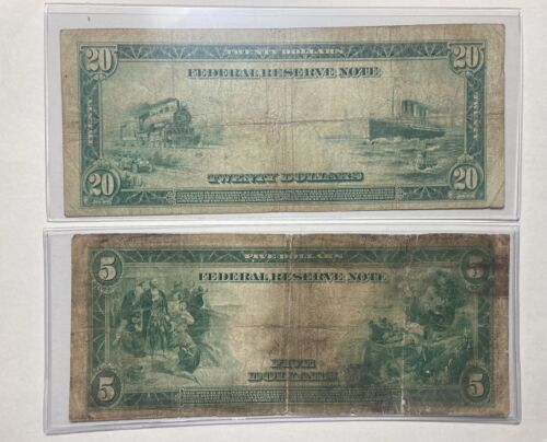 1914 $20 & $5 Dollar Boston Federal Reserve Note Boston, MA - Picture 2 of 2