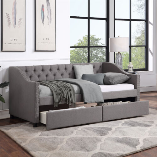 Twin Size Daybed Upholstered Bed Frame Sofa Bed with 2 Storage Drawers
