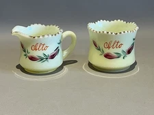 Alto MI  WI  TX GA Green Custard Glass Ribbed Creamer & Sugar Vintage Souvenir