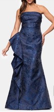 Xscape Navy Blue Strapless Ruffle Brocade Gown Size 14 $308