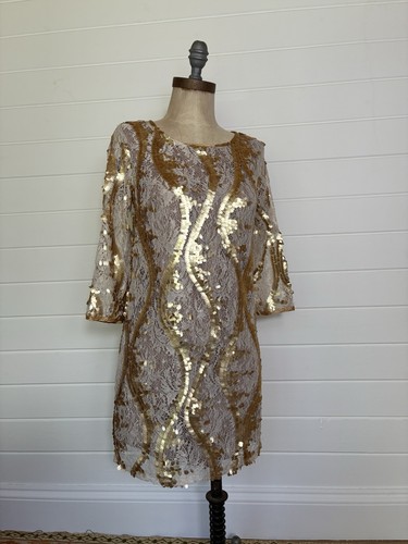 GOLD SEQUIN CREAM LACE MINI DRESS PRIMARK SIZE 8 - Picture 5 of 12
