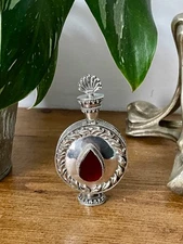 Collectable Vintage Ornate Silver Scent Perfume Bottle With Red Agate Stone