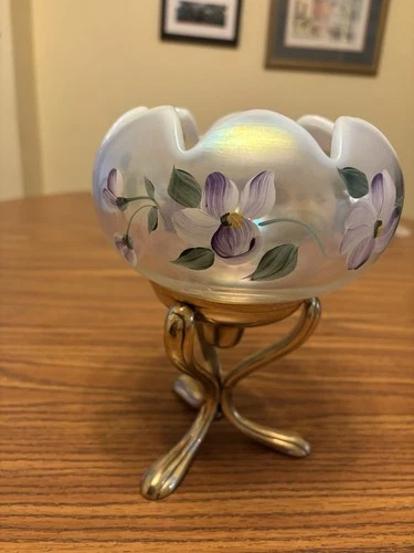 Fenton Art Glass rose bowl with hand-painted floral designs on opalescent glass