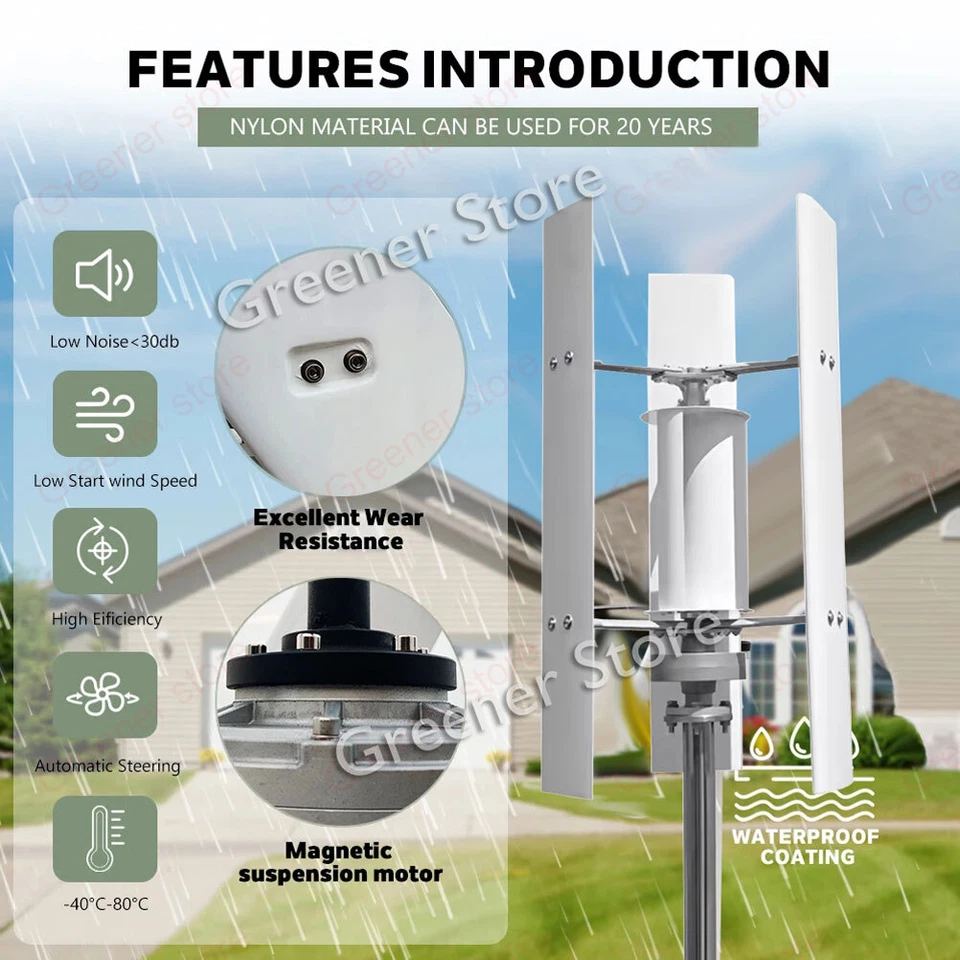 3KW 12V 24V 48V Vertical Axis Wind Turbine Generator 3 Blades Charge Controller - Image 3 of 4