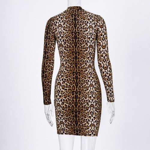 New Women Sexy Bodycon Dress Long Sleeve High Neck Animal Print Party Mini Dress - Picture 28 of 30
