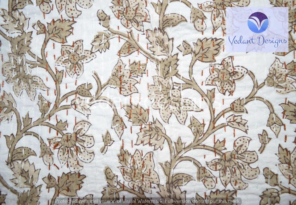 Colcha Kantha reversível indiana branca dupla/única cobertor arremesso arte - Imagem 3 de 4