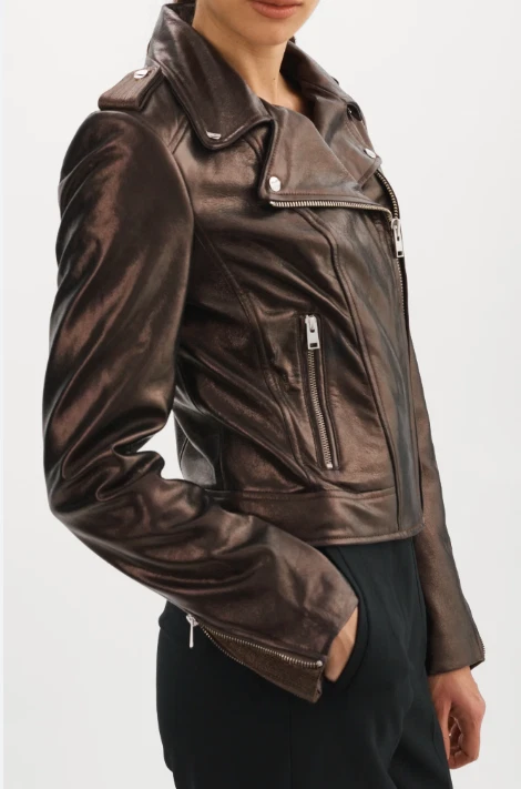Lamarque Donnna Brown Metallic Iconic Leather Biker Jacket sz L