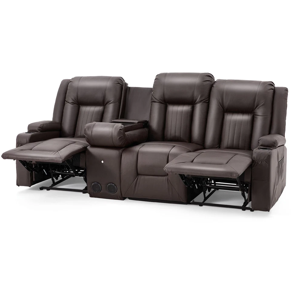 Recliner Sofa Manual RV Reclining Couch PU Home Theater Seating w/ Console USB - Image 4 of 4