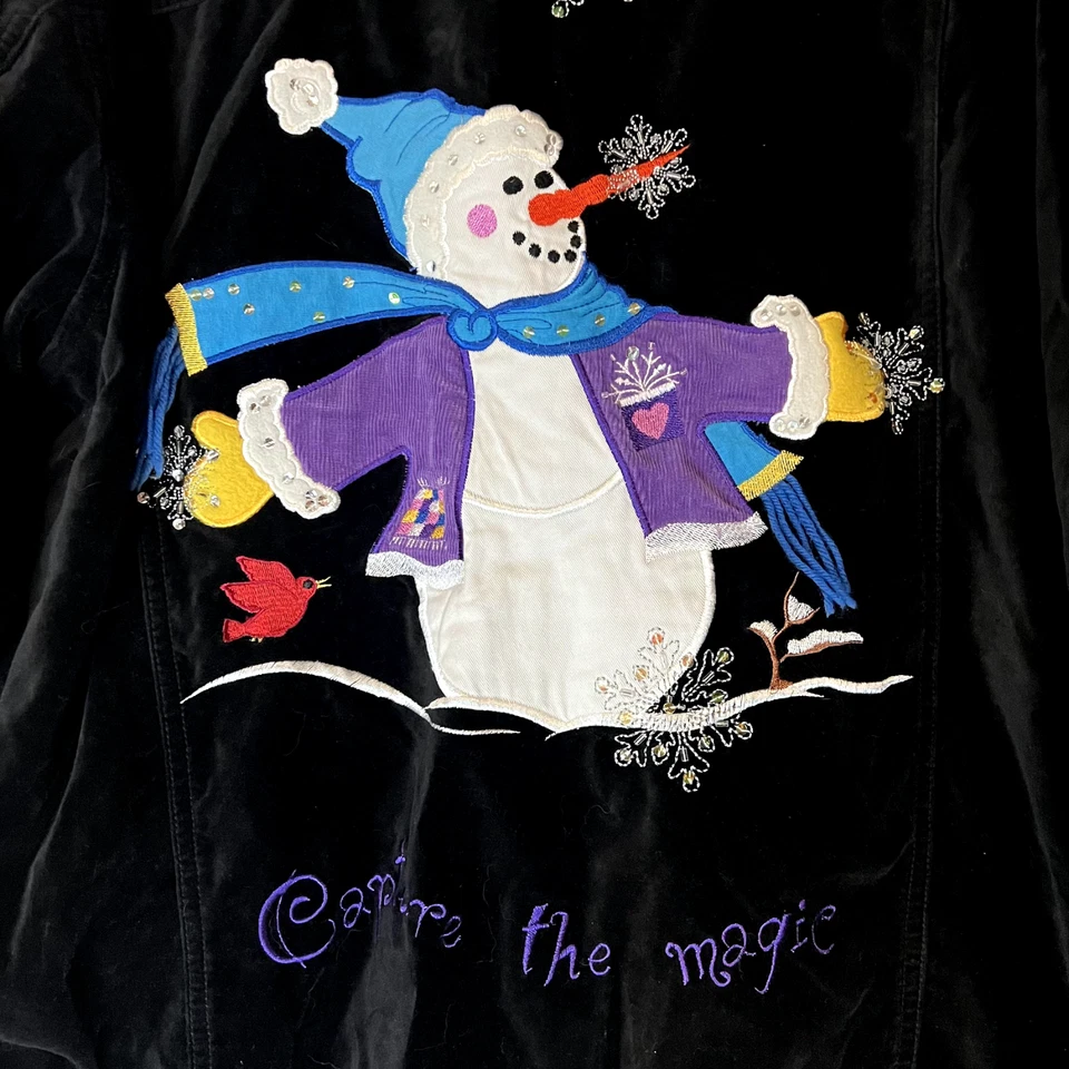 Quacker Factory Snowman Capture The Magic Black Velvet Xmas Jacket Womens XL - Image 3 of 4