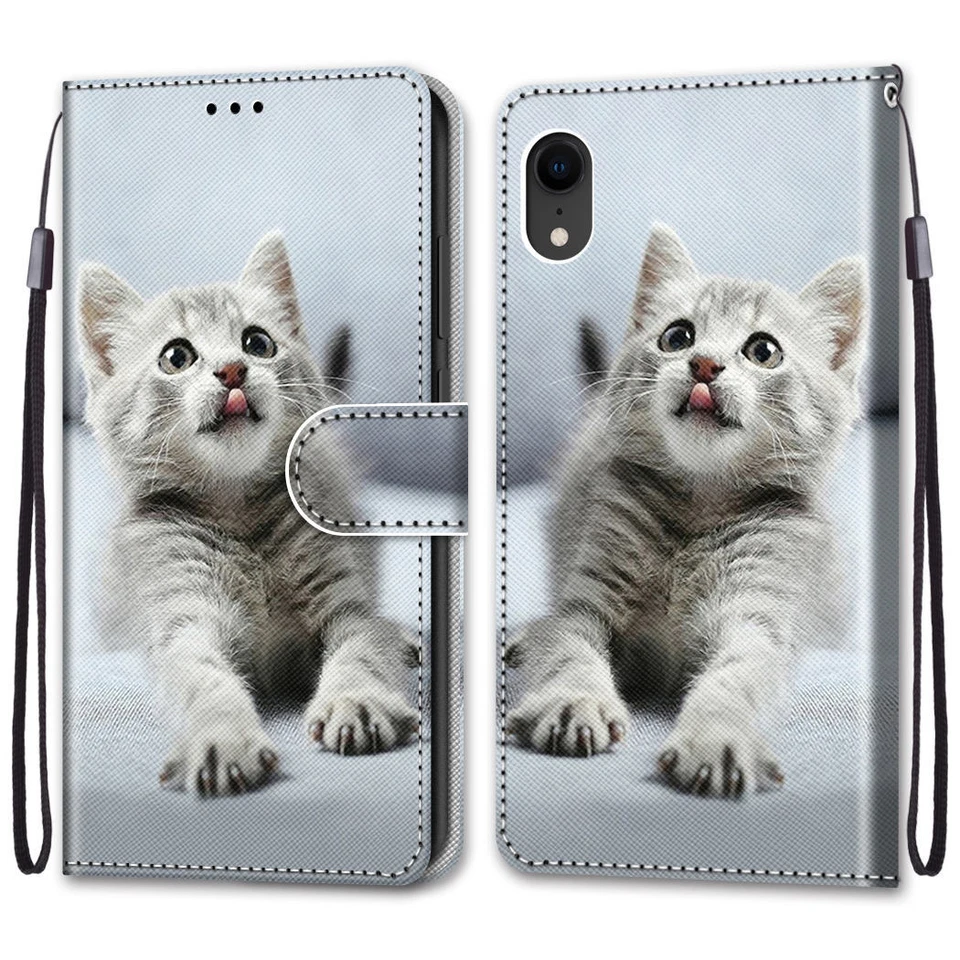 For Various Phone Case Cover Back Magnetic Flip Wallet Card Bag Stand Cute Cat - Image 3 of 4