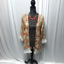 Cardigan Cover Up Womens Size Medium Floral Open Front Lace Semi Sheer Jacket