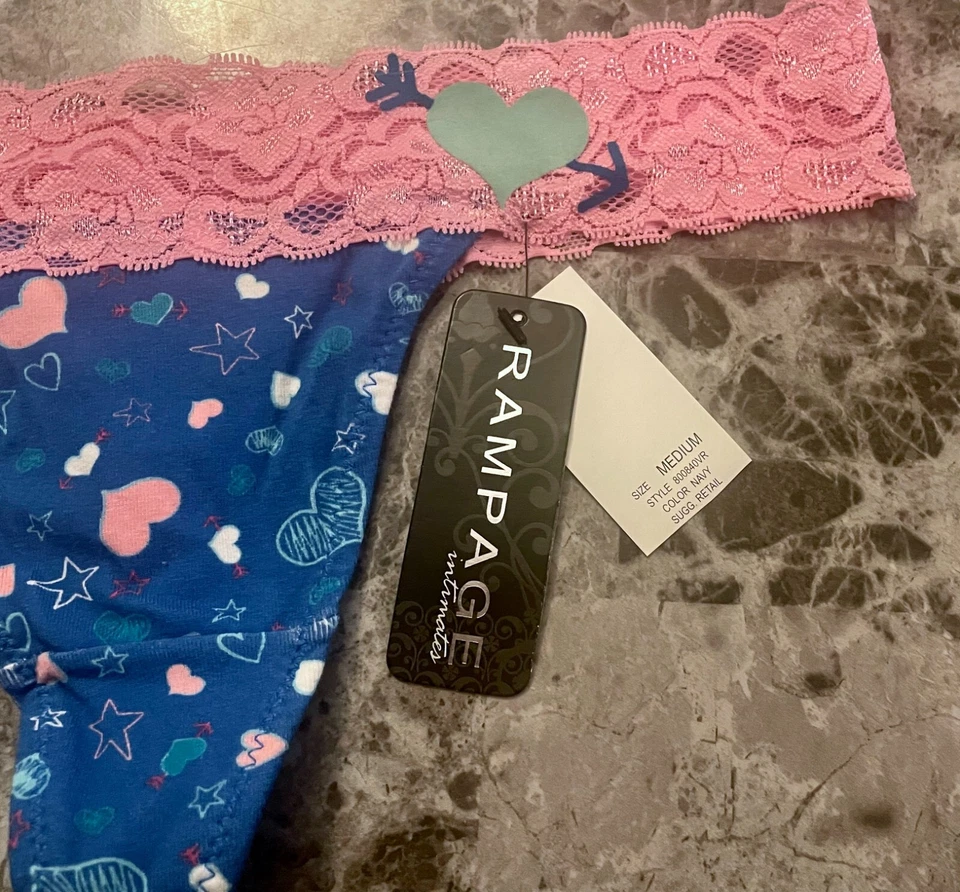 NUEVO CON ETIQUETAS RAMPAGE MEDIO AZUL ROSA CORAZÓN ESTRELLA ENCAJE BANDA VINTAGE RARO TANGA BRAGAS Foto 2 de 4