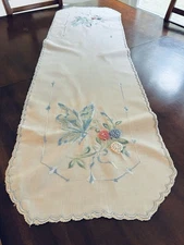 Hand embroidered and crocheted table runner butterfly & raised pom-Pom Flowers