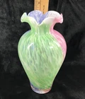 Vtg MURANO 8” Vase Pink Blue Green Speckled Swirl w/Ruffle Edge Made in Italy