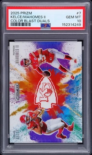 2025 PANINI PRIZM COLOR BLAST DUALS #7 PATRICK MAHOMES II/TRAVIS KELCE PSA 10