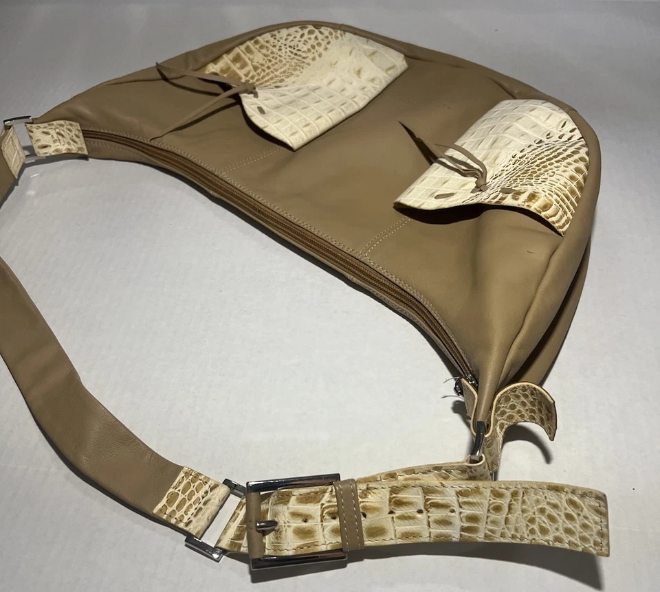 Bolso de Hombro Hobo Marco Buggiani Hecho en Italia Cuero Tostado Cocodrilo Repujado Foto 4 de 4